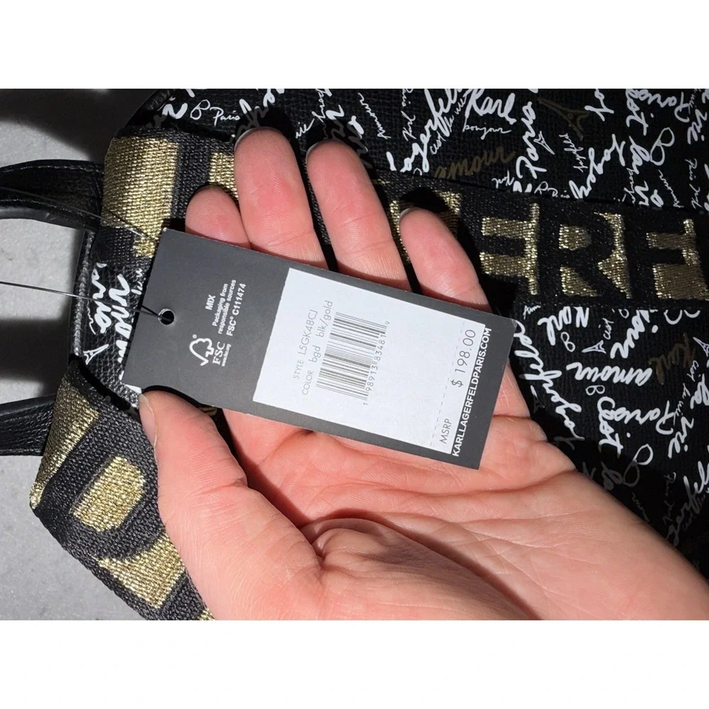 Karl Lagerfeld Paris Medium Backpack Black Gold AOP‎ Script L5GK48CJ NWT $198